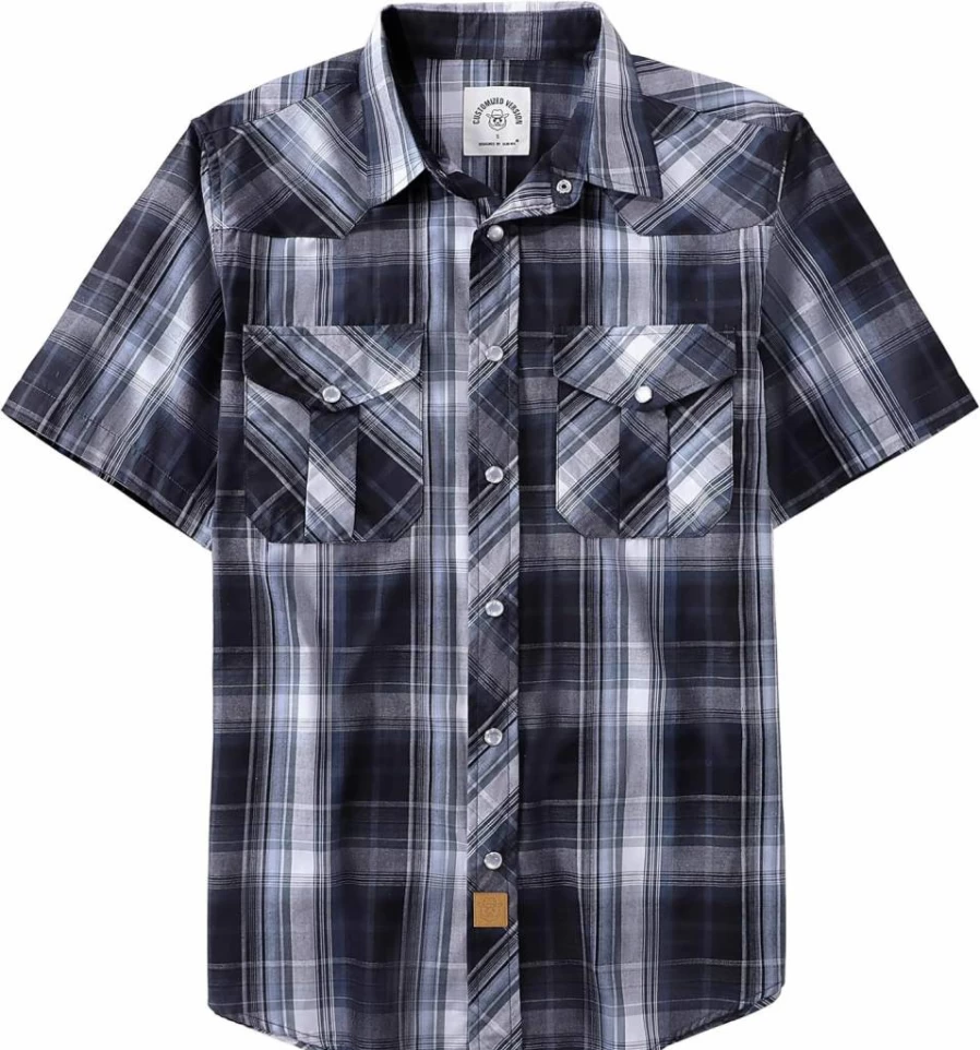 Dubinik Men's Western Short Sleeve Shirt - Plaid Pearl Snap Cowboy Casual Button-Up Work Shirt