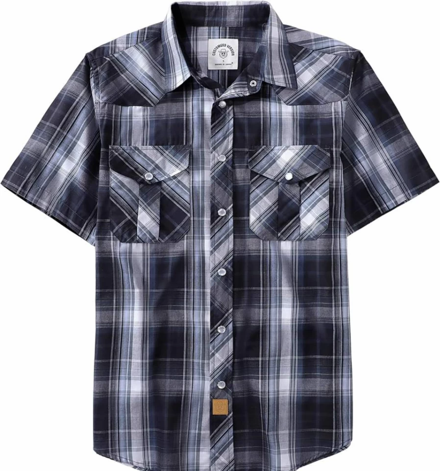 Dubinik Men's Western Short Sleeve Shirt - Plaid Pearl Snap Cowboy Casual Button-Up Work Shirt