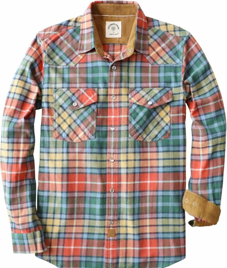 Dubinik Men's Western Cowboy Flannel Shirt - Long Sleeve Plaid Casual Shirt, Soft Pure Cotton, Pearl Snap Button Closure
