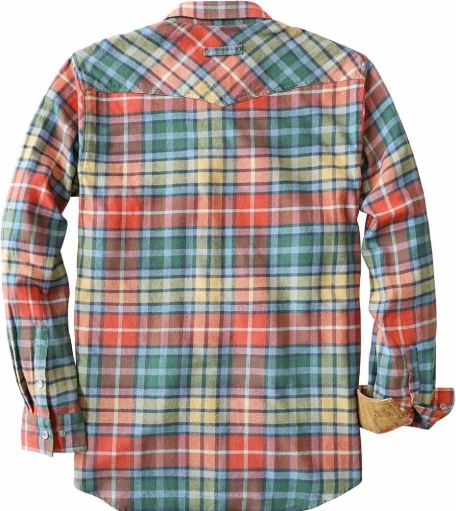 Dubinik Men's Western Cowboy Flannel Shirt - Long Sleeve Plaid Casual Shirt, Soft Pure Cotton, Pearl Snap Button Closure