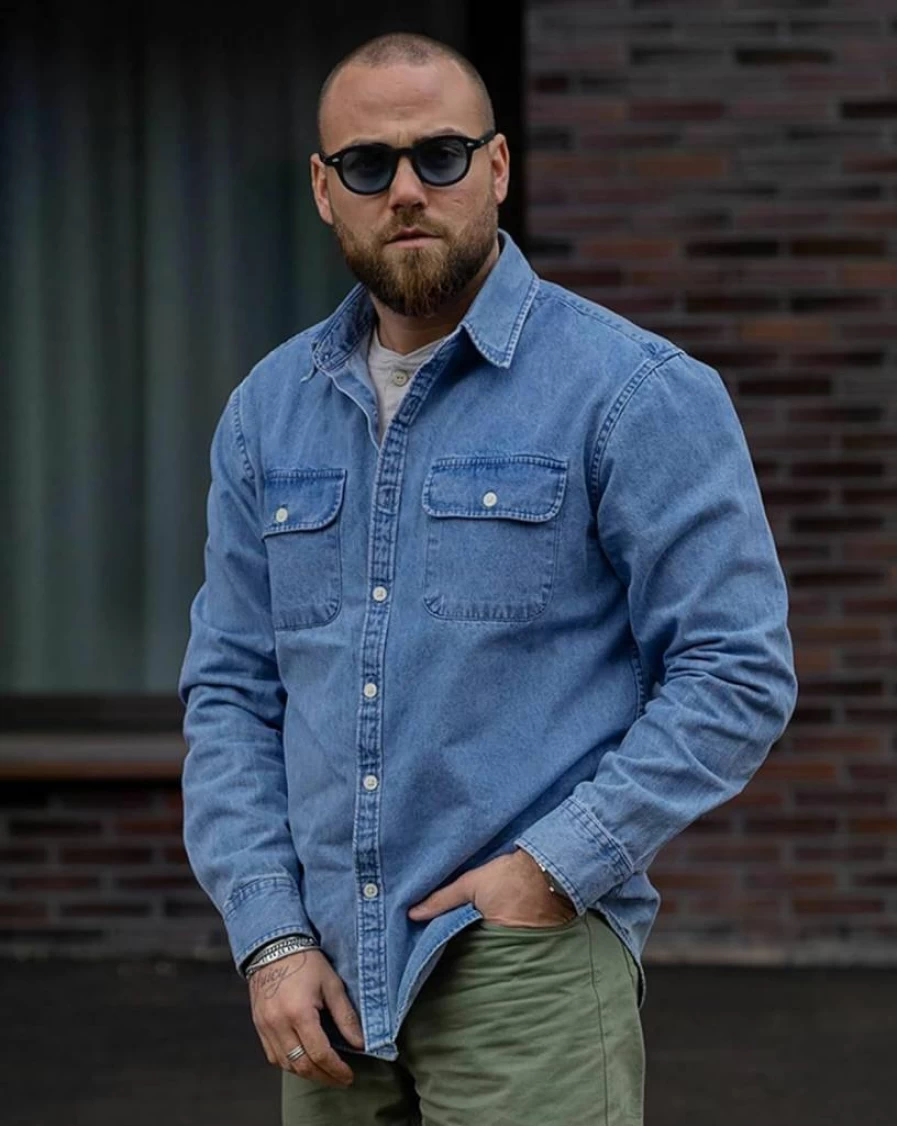 Dubinik Men's Regular Fit Cotton Denim Shirt Long Sleeve Casual Button Down Work Shirt
